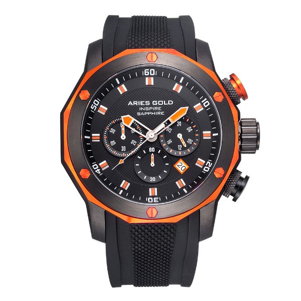 ARIES GOLD CHRONOGRAPH VENTURER ORANGE STAINLESS STEEL G-7012Z-BK-OR BLACK SILICONE STRAP MEN'S WATCH
